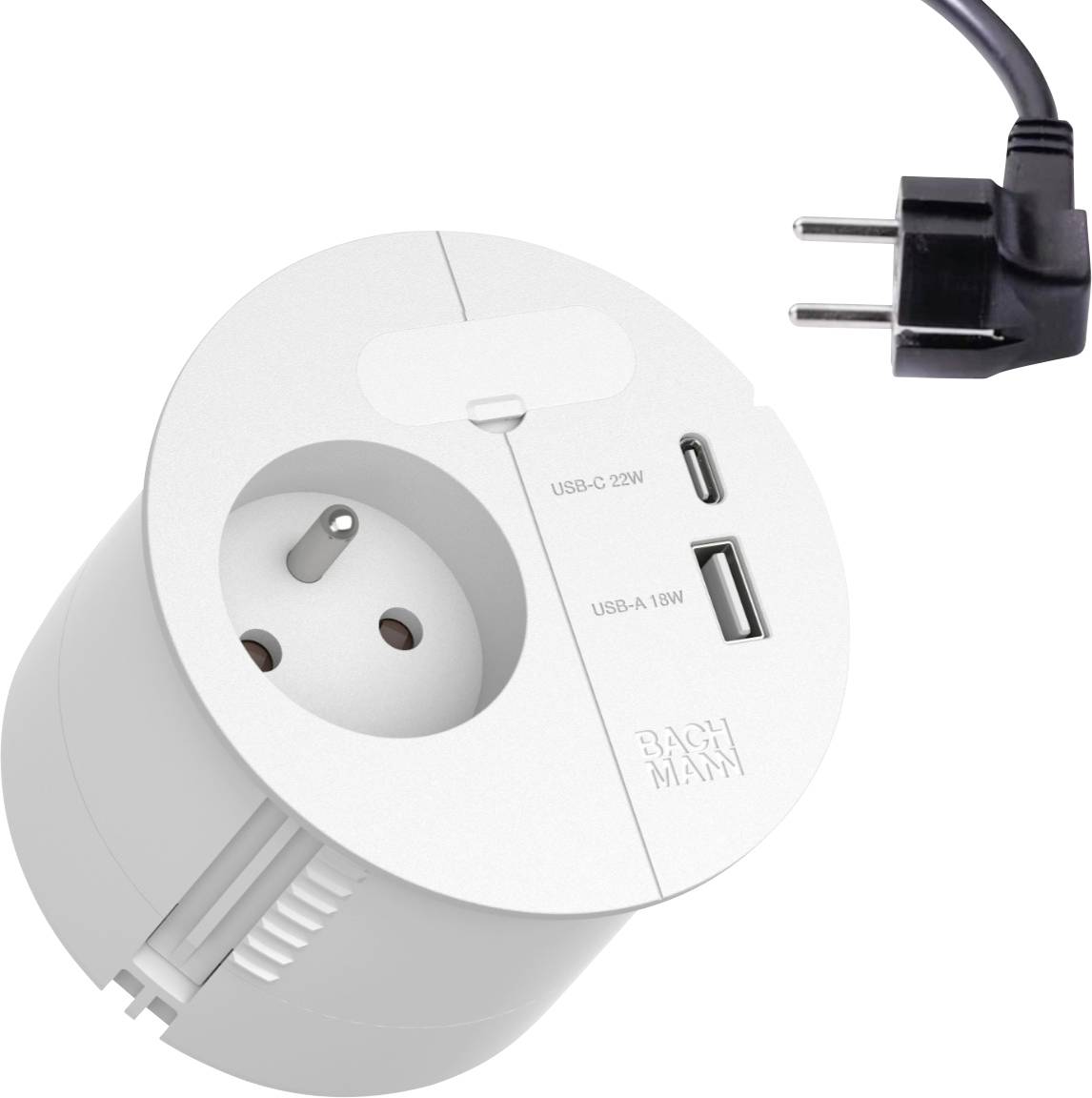 Bel valjast napajalnik z evropsko vtičnico, ki ima okroglo vtičnico in dva USB priključka, označena kot 'USB-C 22W' in 'USB-A 18W'.