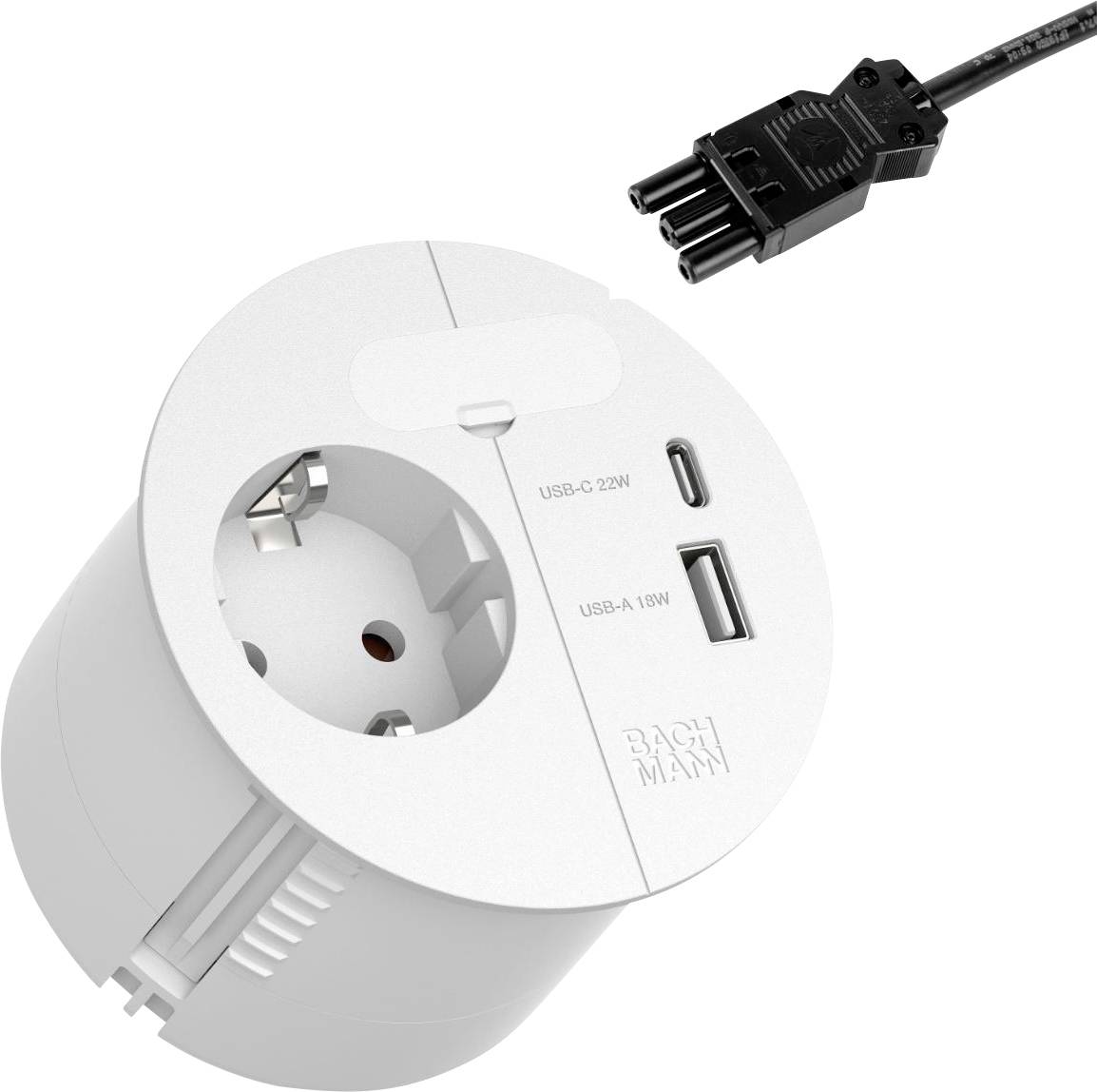 Okrogla električna vtičnica z USB-C in USB-A priključki; pogled od zgoraj. Vključuje odstranljiv vtični priključek. Primerna za različne elektronske naprave.