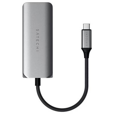 Eleganten siv USB-C hub z pletenim kablom, označen z 'Satechi', nudi več priključkov za povezljivost, pri čemer poudarja vzdržljivost in dizajn.