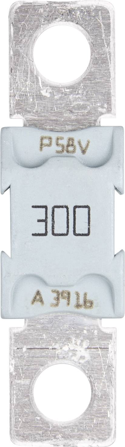 Kovinska varovalka z oznako '300' in 'P58V'. Je pravokotne oblike z kovinskimi konci za električne povezave.