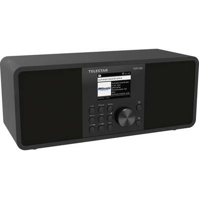 Črn radio z digitalnim zaslonom, ki prikazuje 'schwarzwaldradio' in kontrolnimi gumbi. Znamka 'TELESTAR' je vidna nad zaslonom.