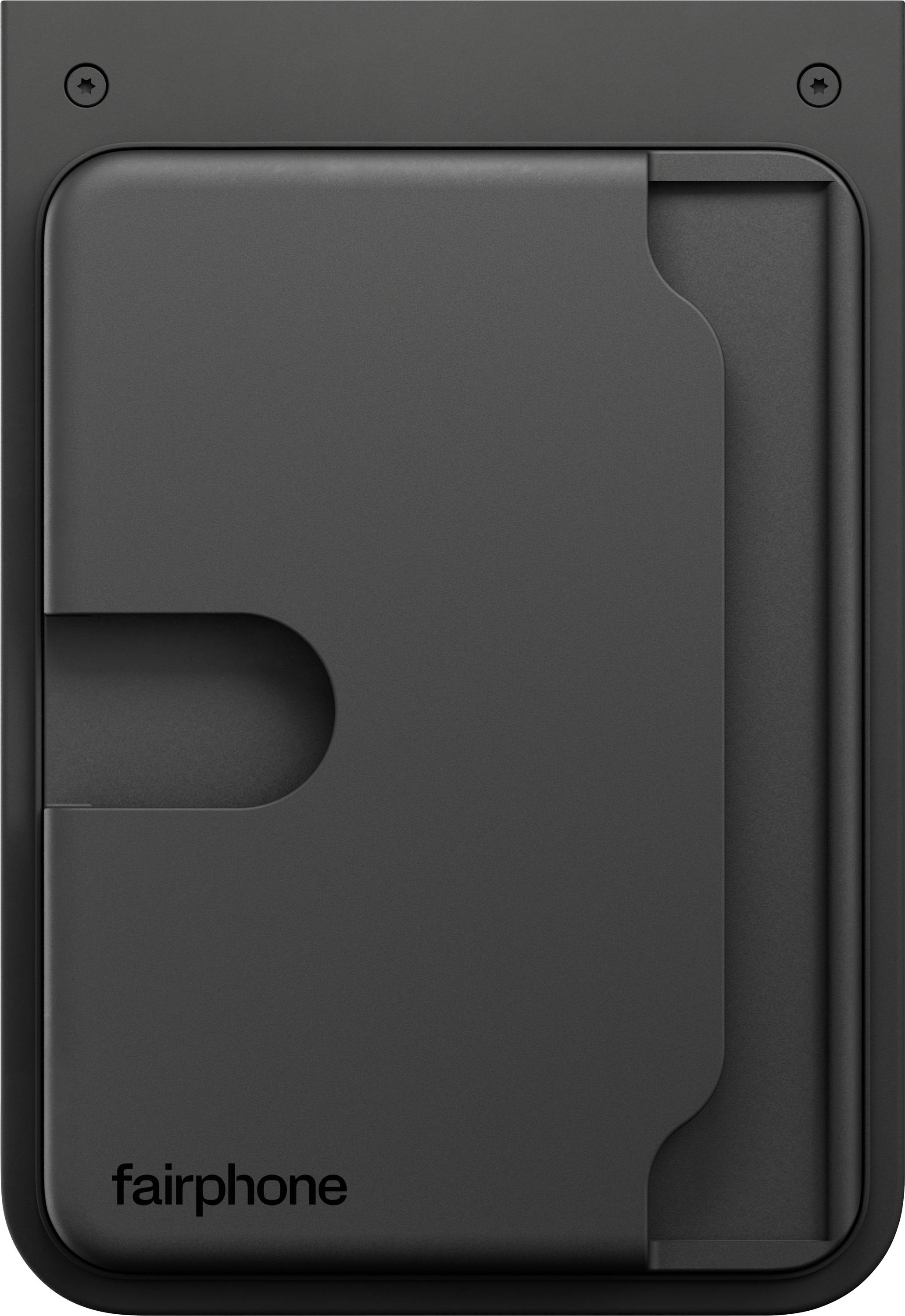Črn pokrov baterije Fairphone, ki ima preprosto zasnovo z odsekom za enostavno odstranitev in logotipom 'fairphone' na dnu.