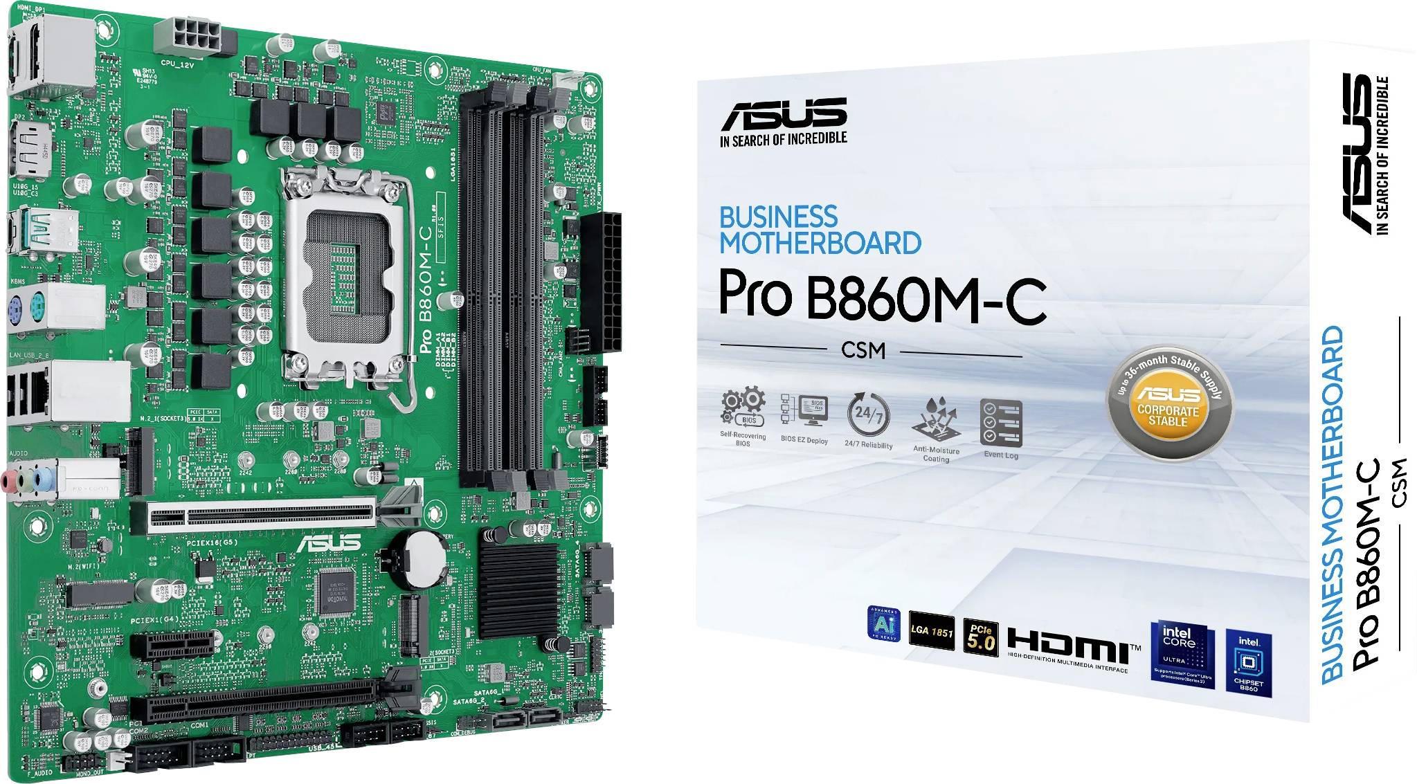 Slika matične plošče ASUS Business Motherboard Pro B860M-C CSM, ki prikazuje zeleno matično ploščo z različnimi priključki in komponentami, postavljeno ob njeni branded embalaži.