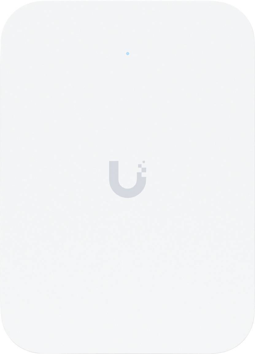 Bela pravokotna brezžična dostopovna točka z majhno modro LED indikatorsko lučko na vrhu in sivo logotipom 'U' na sredini.