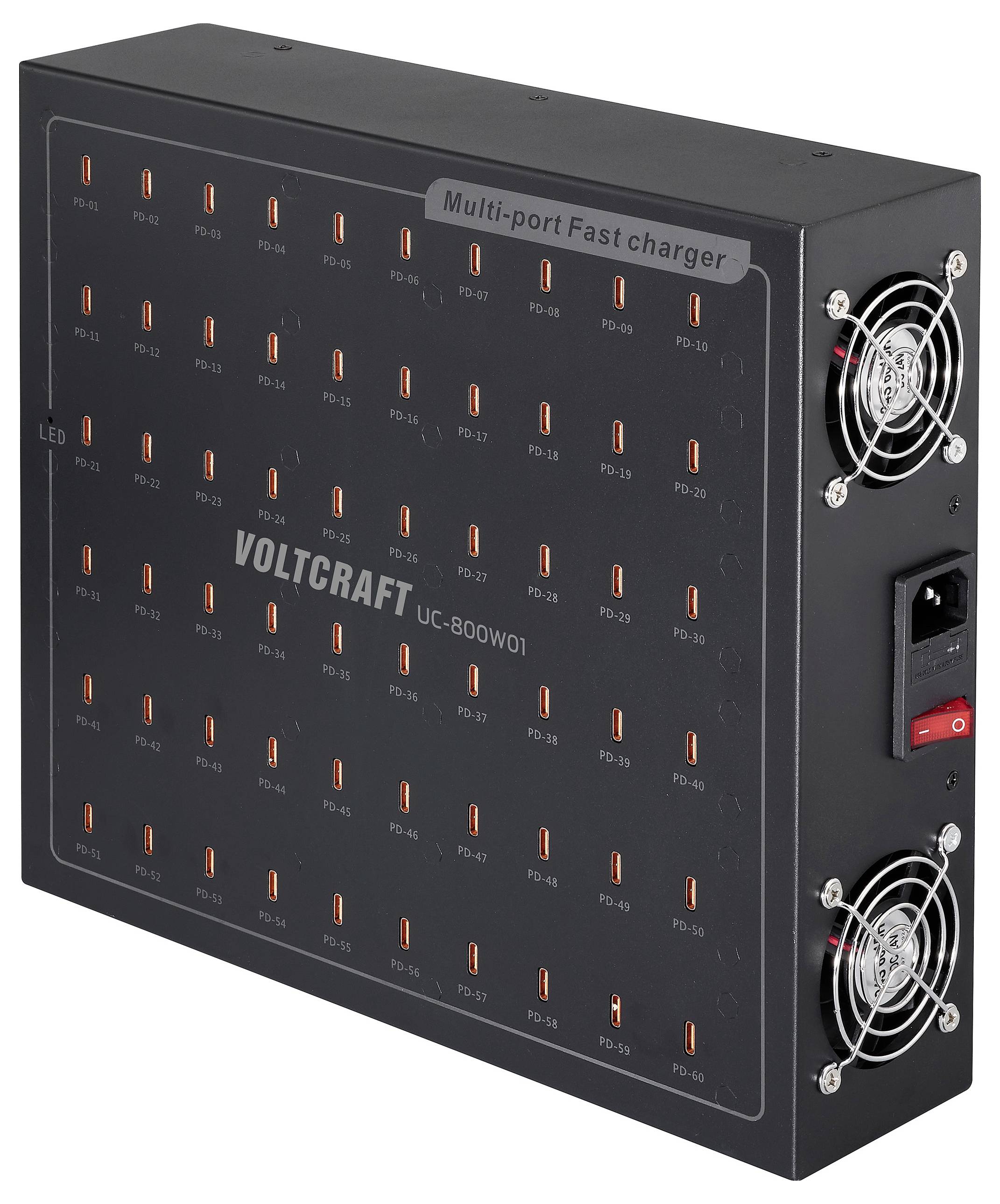Večportni hitri polnilnik Voltcraft UC-800W01 z 48 vrati, LED indikatorji in prezračevalnimi ventilatorji na strani.