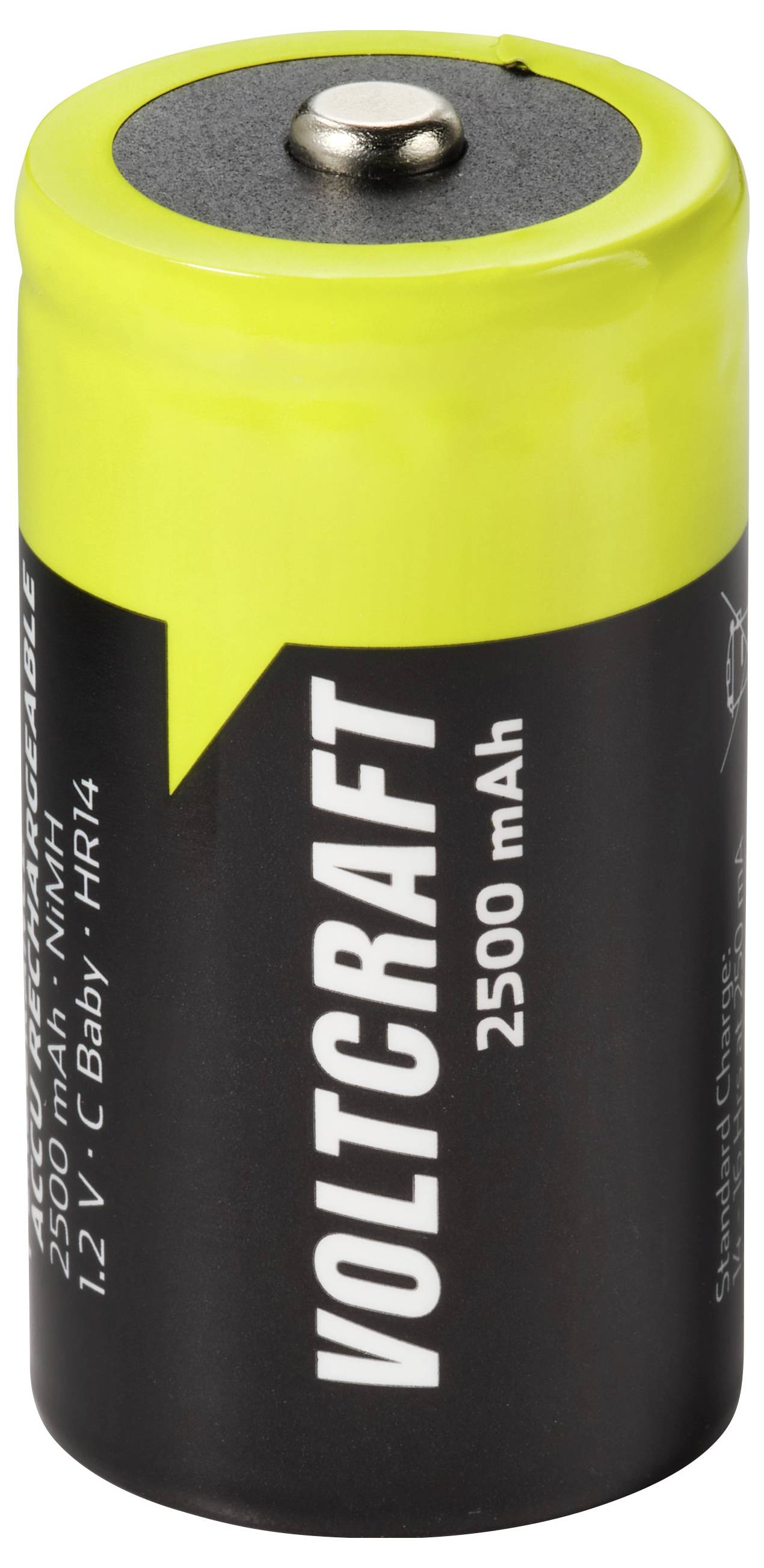 Rumena in črna napolnjiva baterijska celica z oznako 'VOLTCraft' s kapaciteto 2500 mAh in pozitivnim sponko na vrhu.