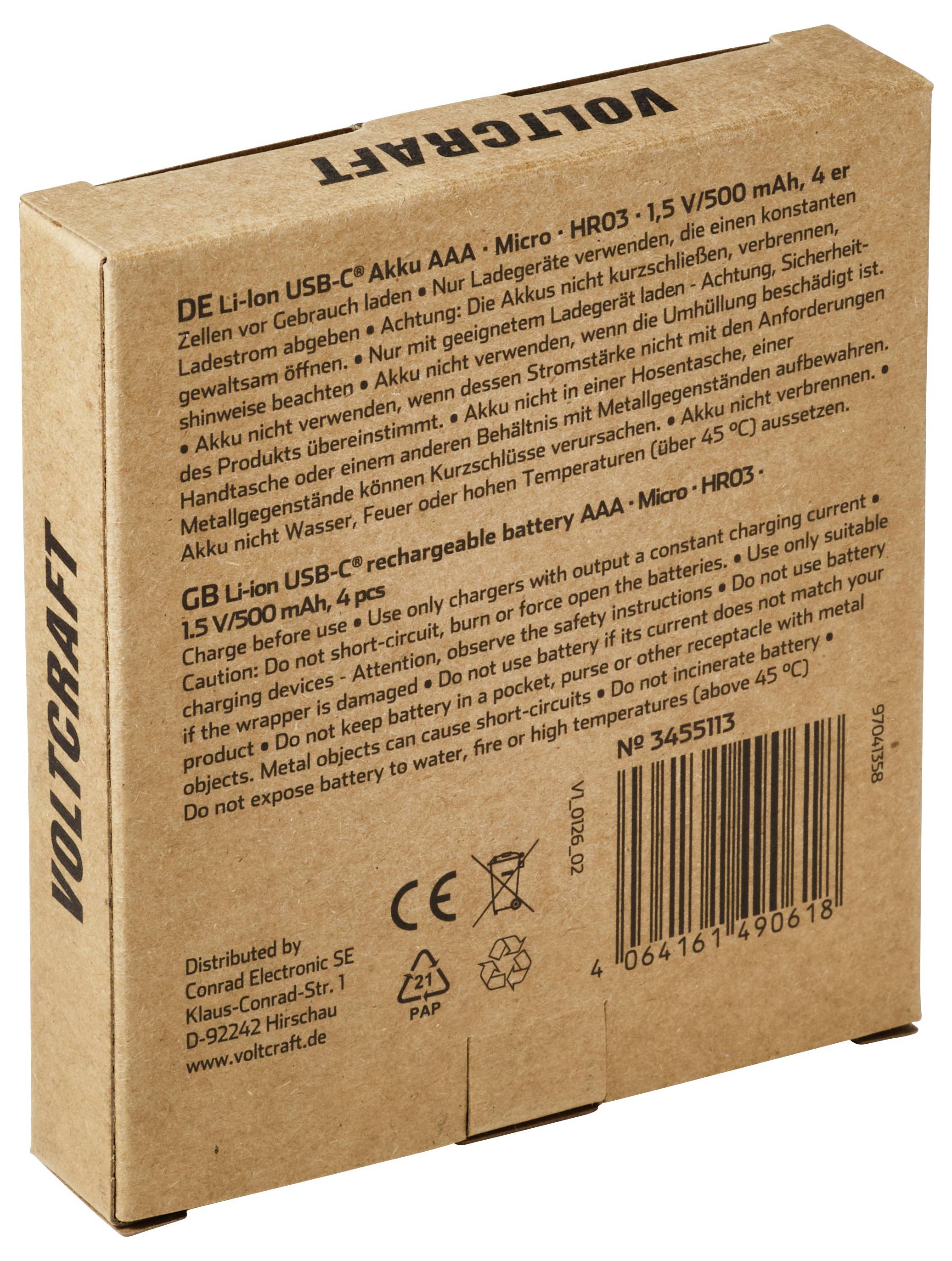 Rjava kartonska škatla VOLTCRAFT polnilnih litij-ionskih baterij, označena s 4 x 1,5V/500 mAh z varnostnimi opozorili in črtno kodo.