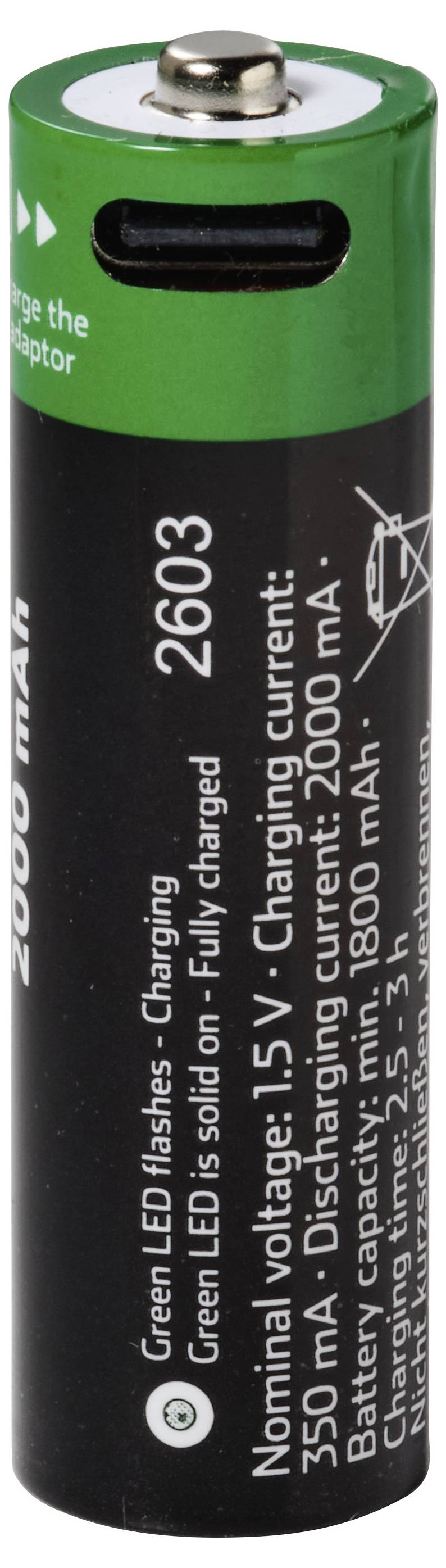 Detaljni pogled na zeleno-črno polnljivo baterijo s tiskanimi specifikacijami, vključno z 1,5V, 2000 mAh in podatki o polnjenju/toku.