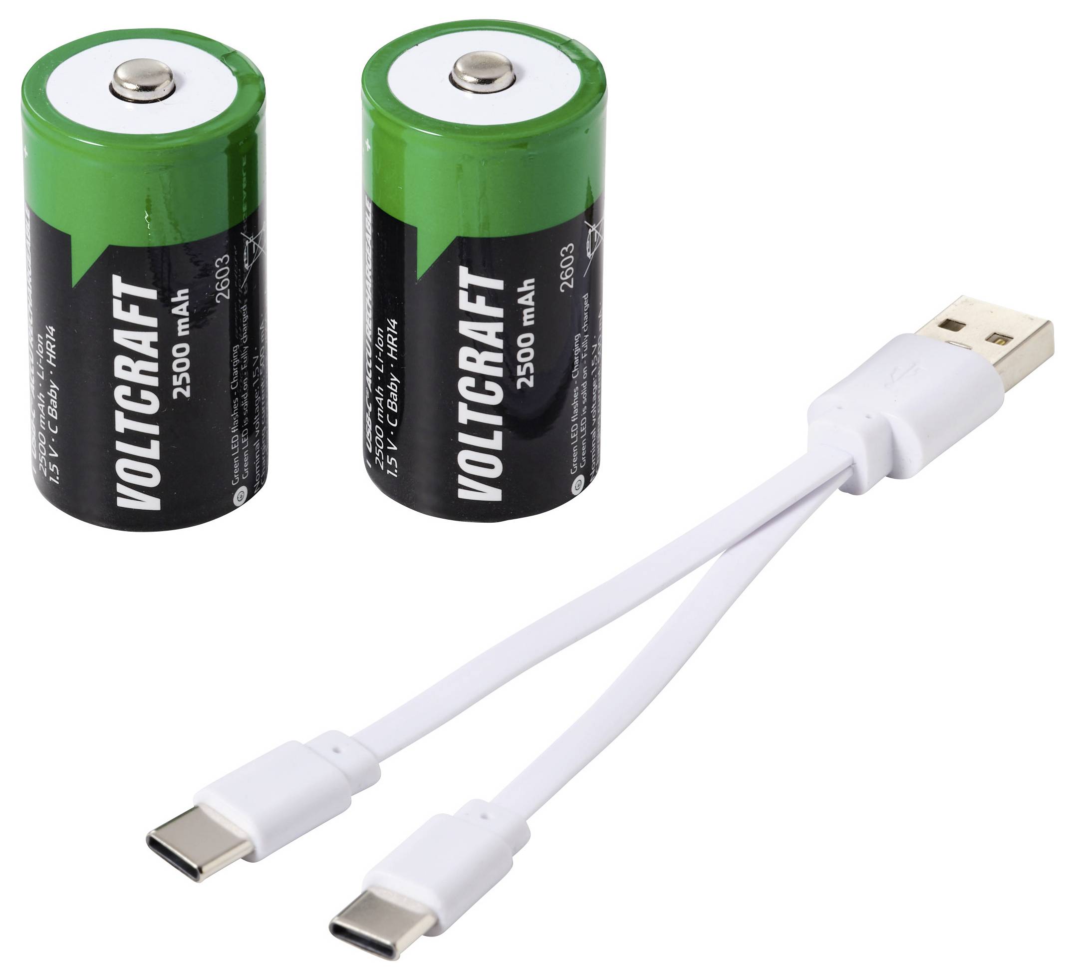 Dve bateriji Voltcraft 2500 mAh in bel razcepljeni kabel USB-C s strani enim vtičem USB-A in dvema konektorjema USB-C.
