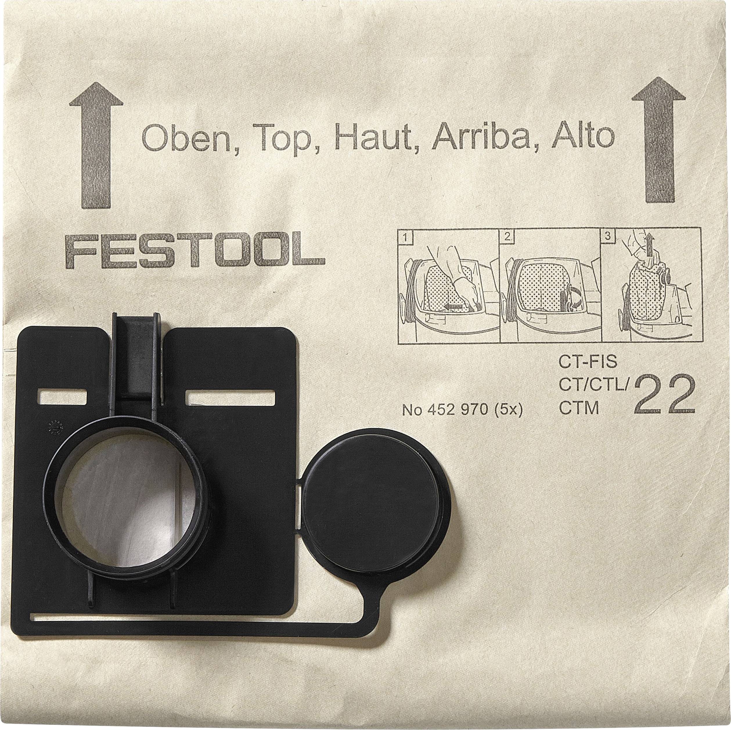 Bež Festool vrečka za prah z okroglim črnim priključkom in navodili za sestavo v treh korakih, natisnjenimi zgoraj.