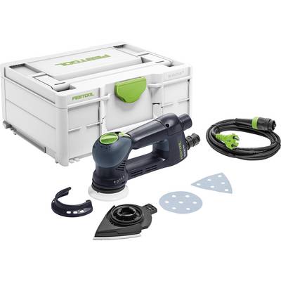 Kompakten brusilnik z modro in zeleno ročico, brusitveni diski in napajalni kabel poleg bele shranjevalne škatle z oznako 'Festool'.
