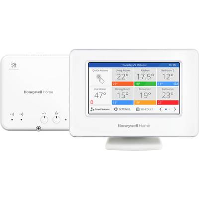 Zaslon termostata Honeywell Home. Prikazuje hitre ukaze za dnevno sobo, kuhinjo, spalnice; temperature, kot so 22° za dnevno sobo, 17,5° za kuhinjo. Vidne so nastavitve in možnosti razporeda.