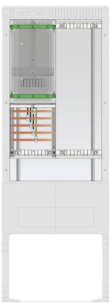 Diagram električne plošče s povezanimi komponentami, ki prikazuje zbiralnike in ožičenje, najverjetneje za organiziranje ali distribucijo električne energije.