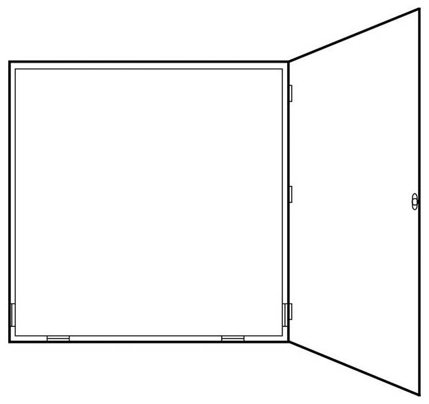 Diagram odprtih vrat na desni strani pravokotne sobe, ki prikazuje tloris prostora brez dodatnih podrobnosti.