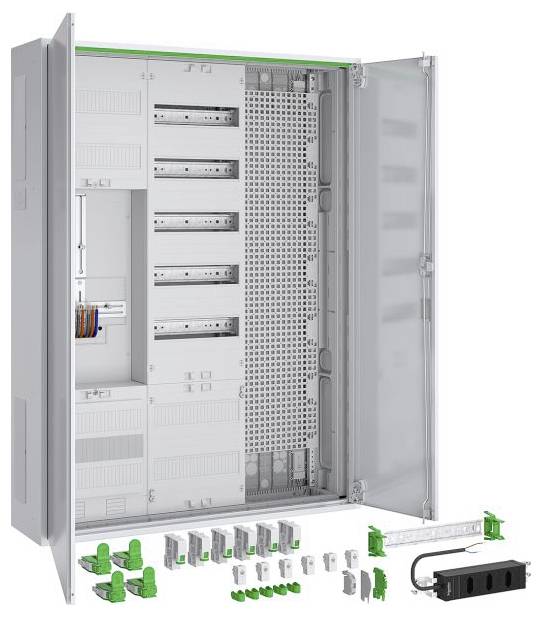 Odprta električna omarica z modularnimi komponentami in kabli, ki prikazuje notranjo postavitev ožičenja. Različni zeleni in sivi deli so prikazani spredaj.