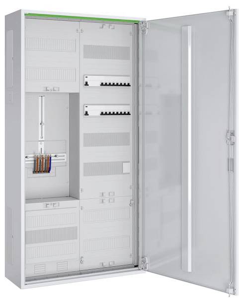 Odprta električna plošča, ki prikazuje električne varovalke in komponente ožičenja, lepo razporejene znotraj kovinske omarice.