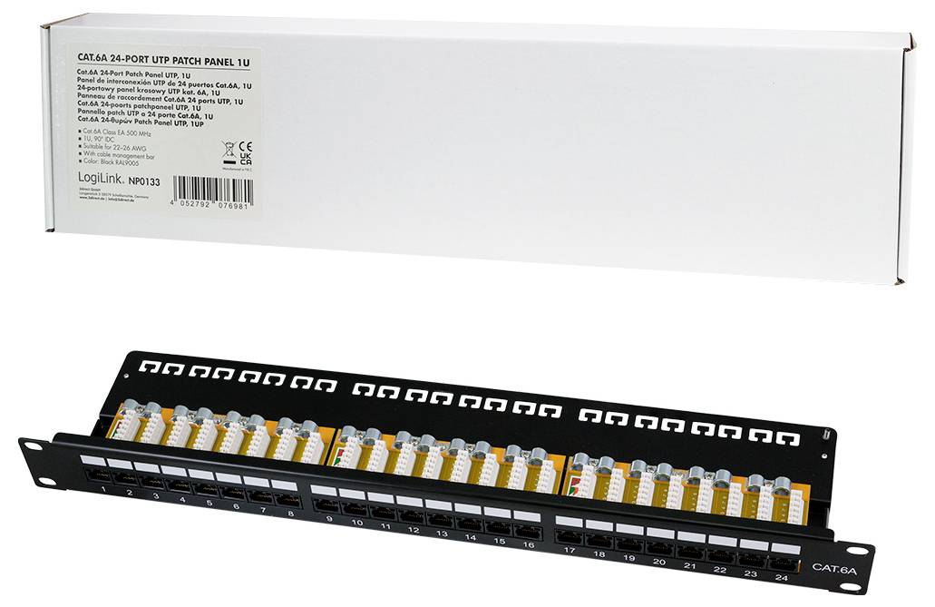 24-portni UTP patch panel z označenimi vrati in belo škatlo za omrežne povezave. Blagovna znamka: LogiLink. Model: NP0313.