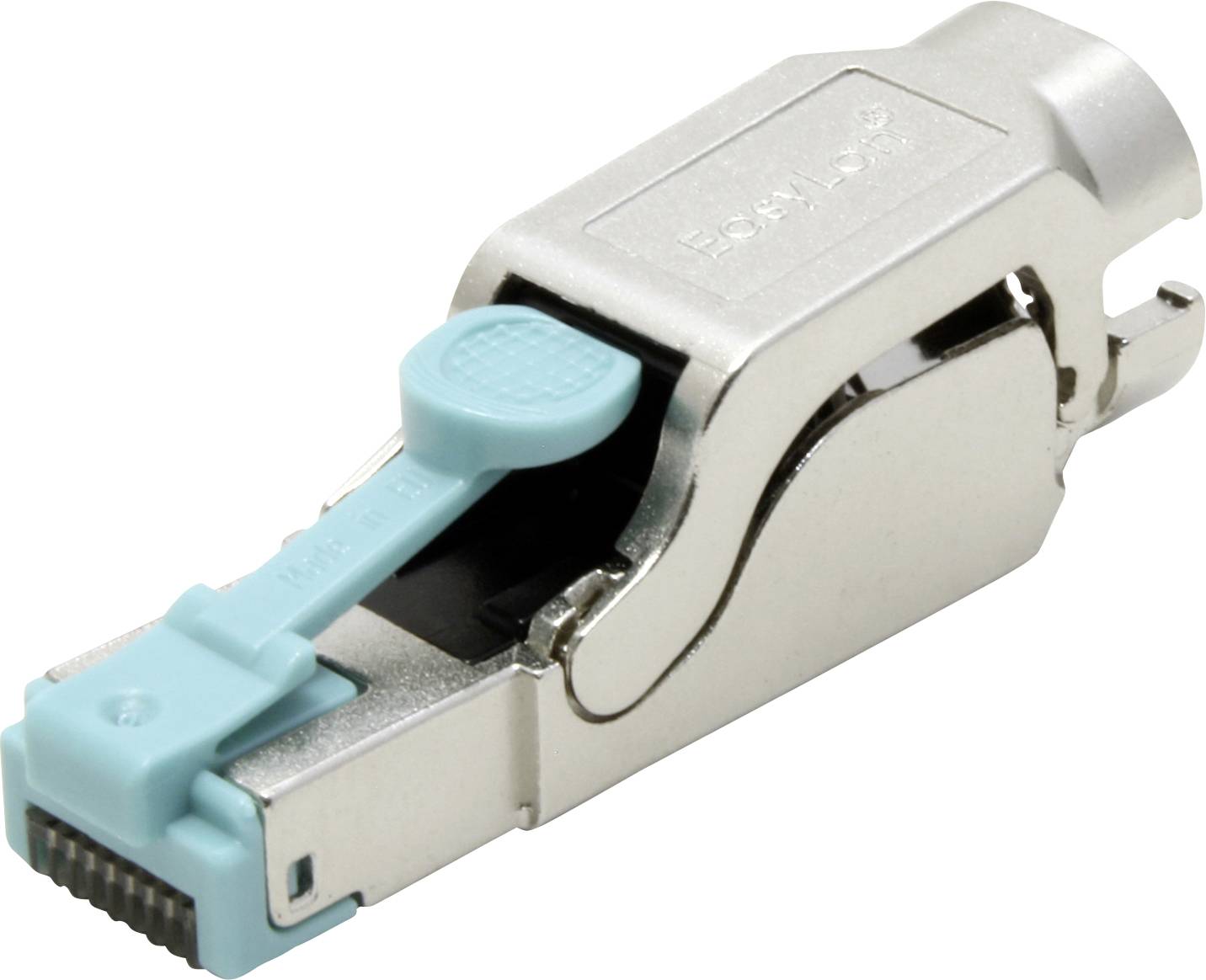 '10G RJ45 zaščiten polni vtič s kovinskim ohišjem in turkizno zaklepno ročico za ethernet kable'.