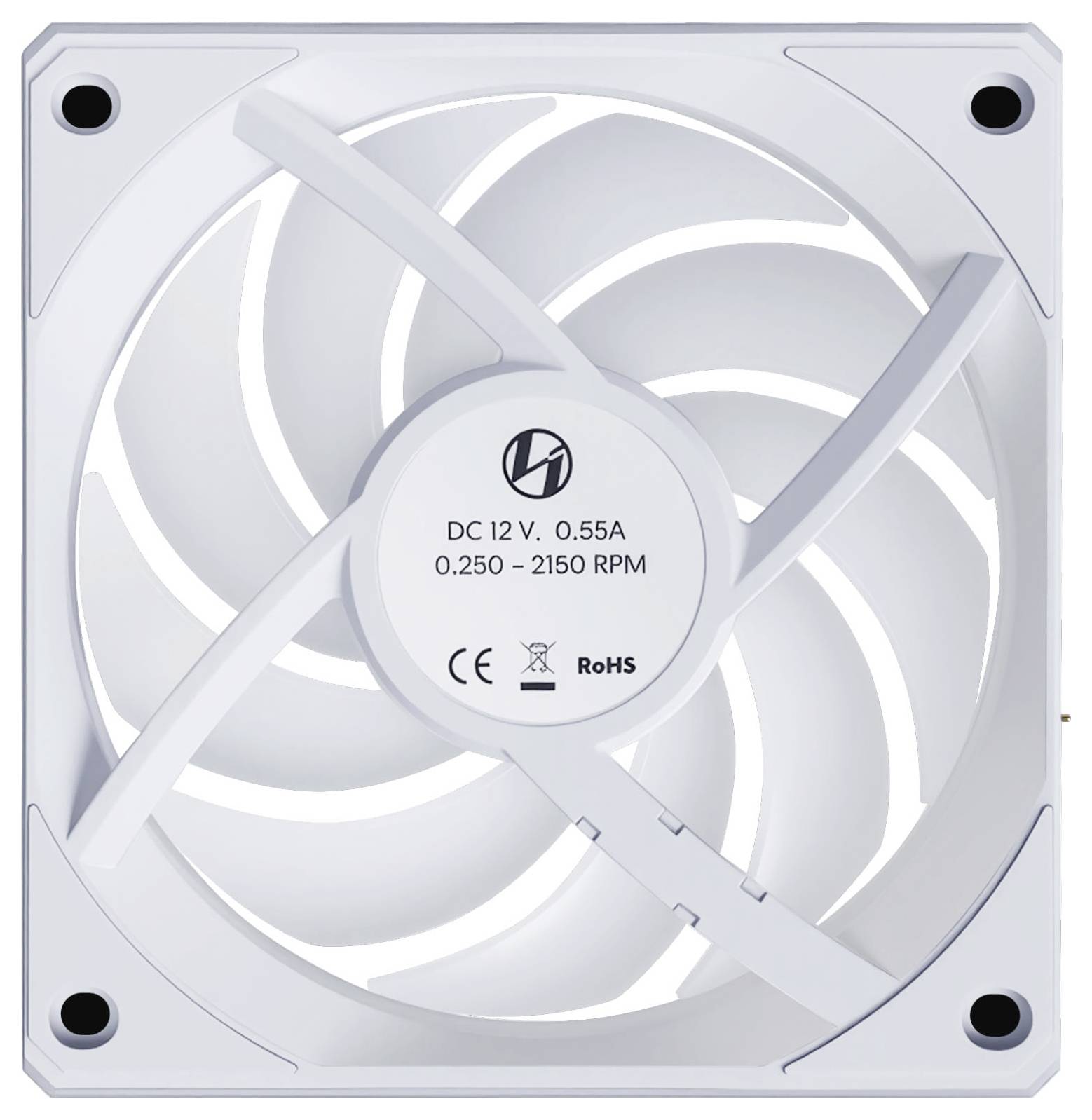 Kvadratni bel računalniški hladilni ventilator z ukrivljenimi rezili in oznako blagovne znamke na sredini, ki navaja specifikacije: 'DC 12V, 0,55A, 0,250-2150 RPM, skladen z RoHS'.