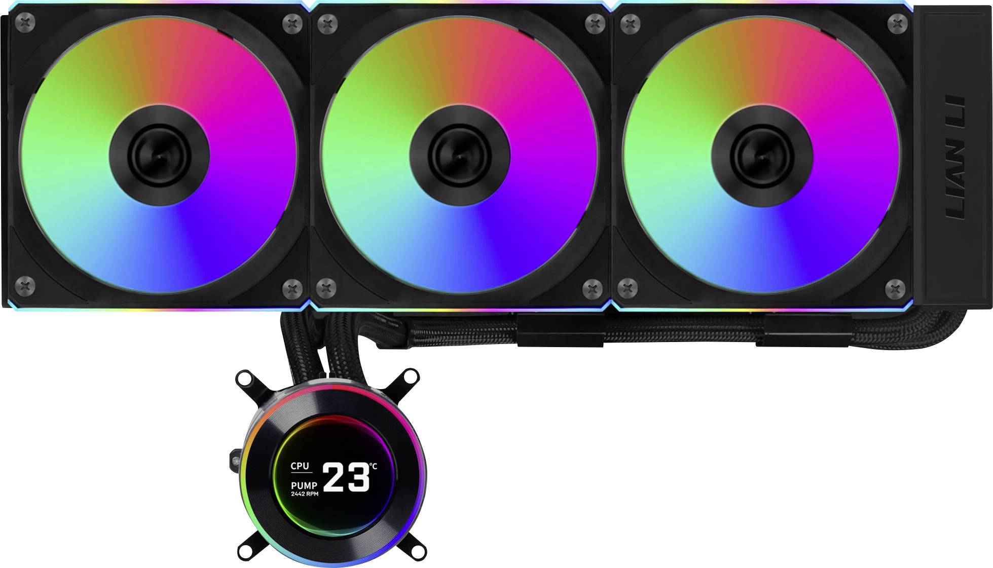 Računalniški hladilni sistem s tremi RGB ventilatorji in majhnim zaslonom, ki prikazuje temperaturo CPE kot 23°C.