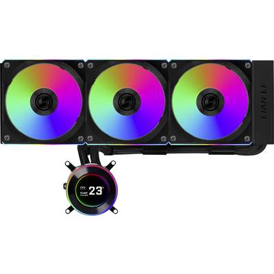 Računalniški hladilni sistem s tremi RGB ventilatorji in majhnim zaslonom, ki prikazuje temperaturo CPE kot 23°C.