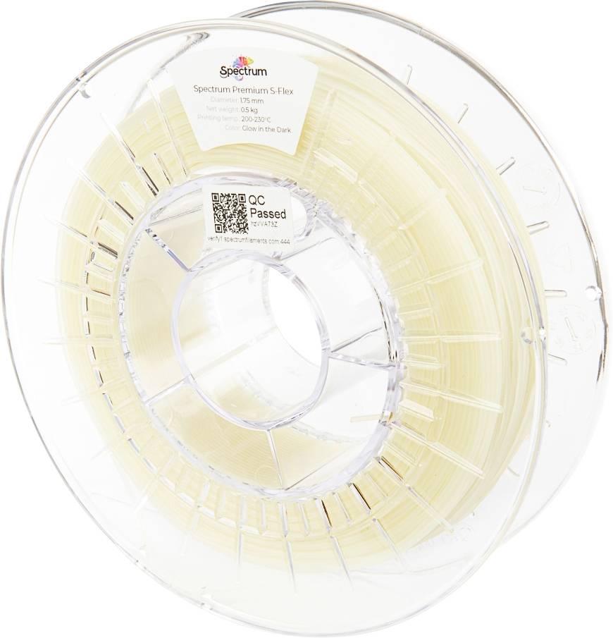 Prozoren tuljav 3D tiskalnega materiala, ki sveti v temi, z oznako 'Spectrum Premium 5 Flex'.