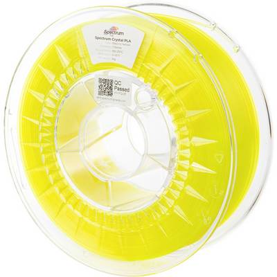 Kolut rumene PLA filament Spectrum Crystal, opremljen z oznakami specifikacij in žigom »Preizkušeno kontrole kakovosti«, namenjen 3D tiskanju.
