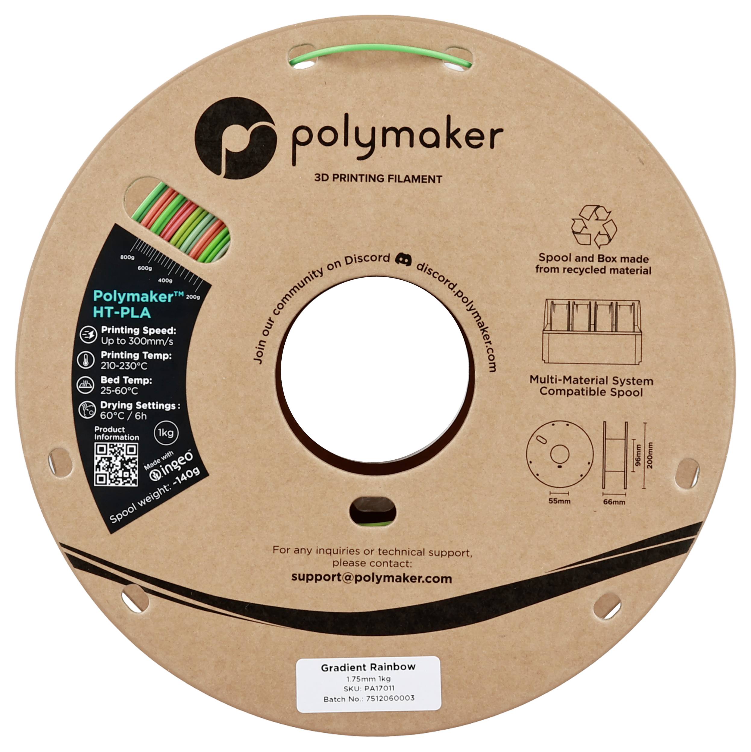 Tuljava Polymaker HT-PLA filament za 3D tiskanje s prelitnimi barvami. Etiketa prikazuje tehnične specifikacije in informacije o podpori.