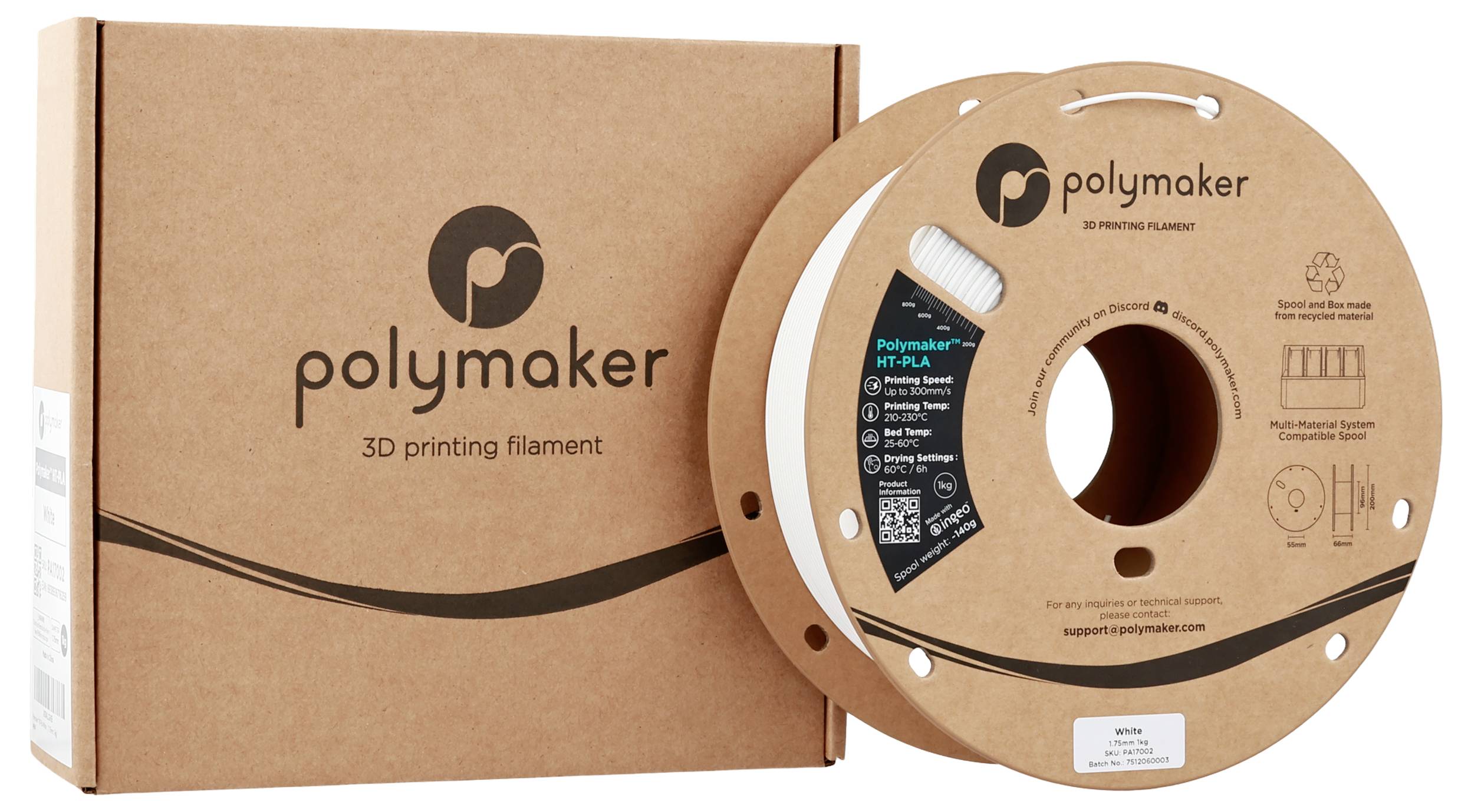 Tuljava za 3D-tiskanje filament Polymaker in škatla. Tuljava je označena z navodili za ravnanje in informacijami o materialu.