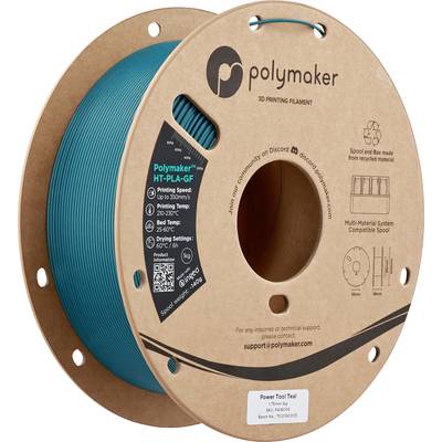 Kolut teal-barvnega filzmenta Polymaker za 3D tisk, HT-PLA-GF, premer 1,75mm. Vsebuje nastavitve in podatke za podporo, markirana embalaža.