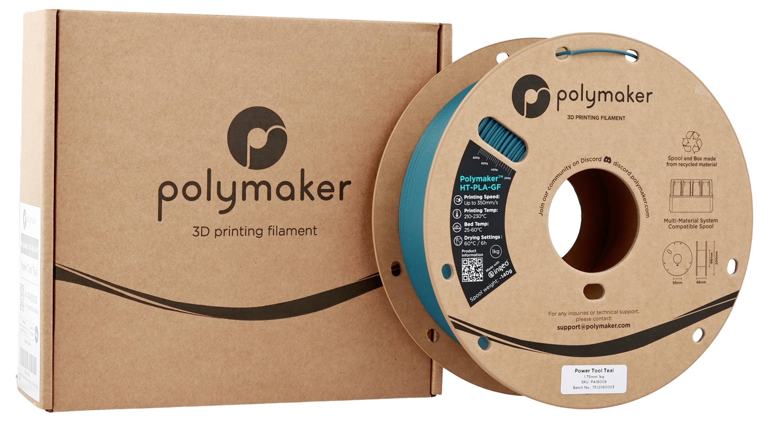 Tuljava nebesko modre 3D tiskalne niti z oznako »Polymaker« poleg njene rjave pakirne škatle.