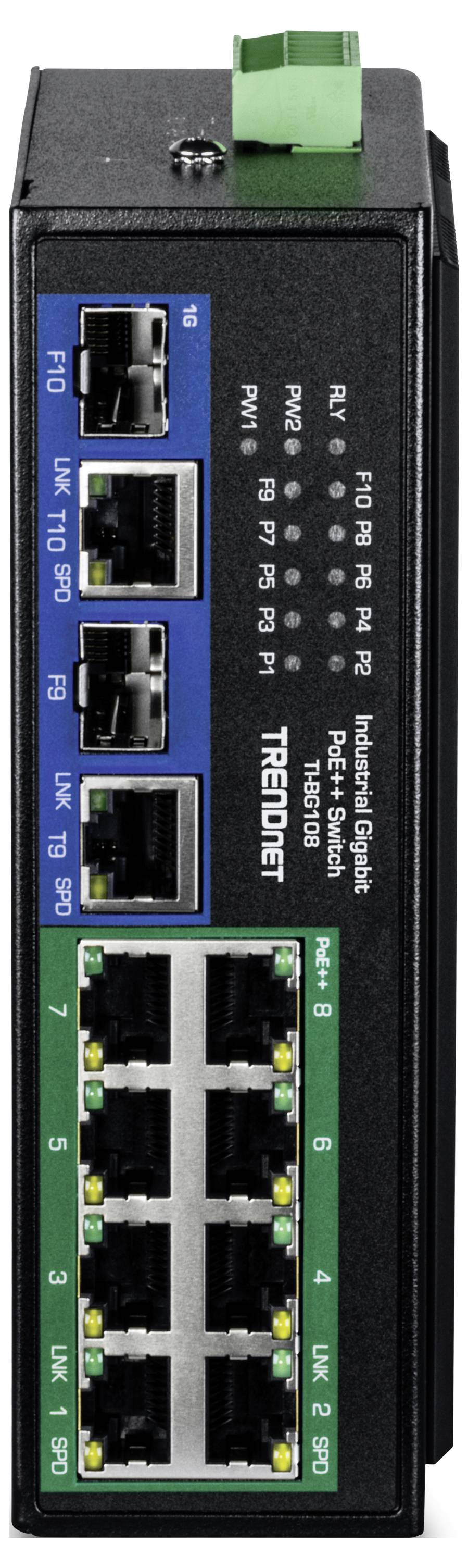 InduStrijski gigabitni PoE+ stikalni element z več ethernet vrati, označen s številkami in kazalniki, ki prikazujejo status omrežne aktivnosti.