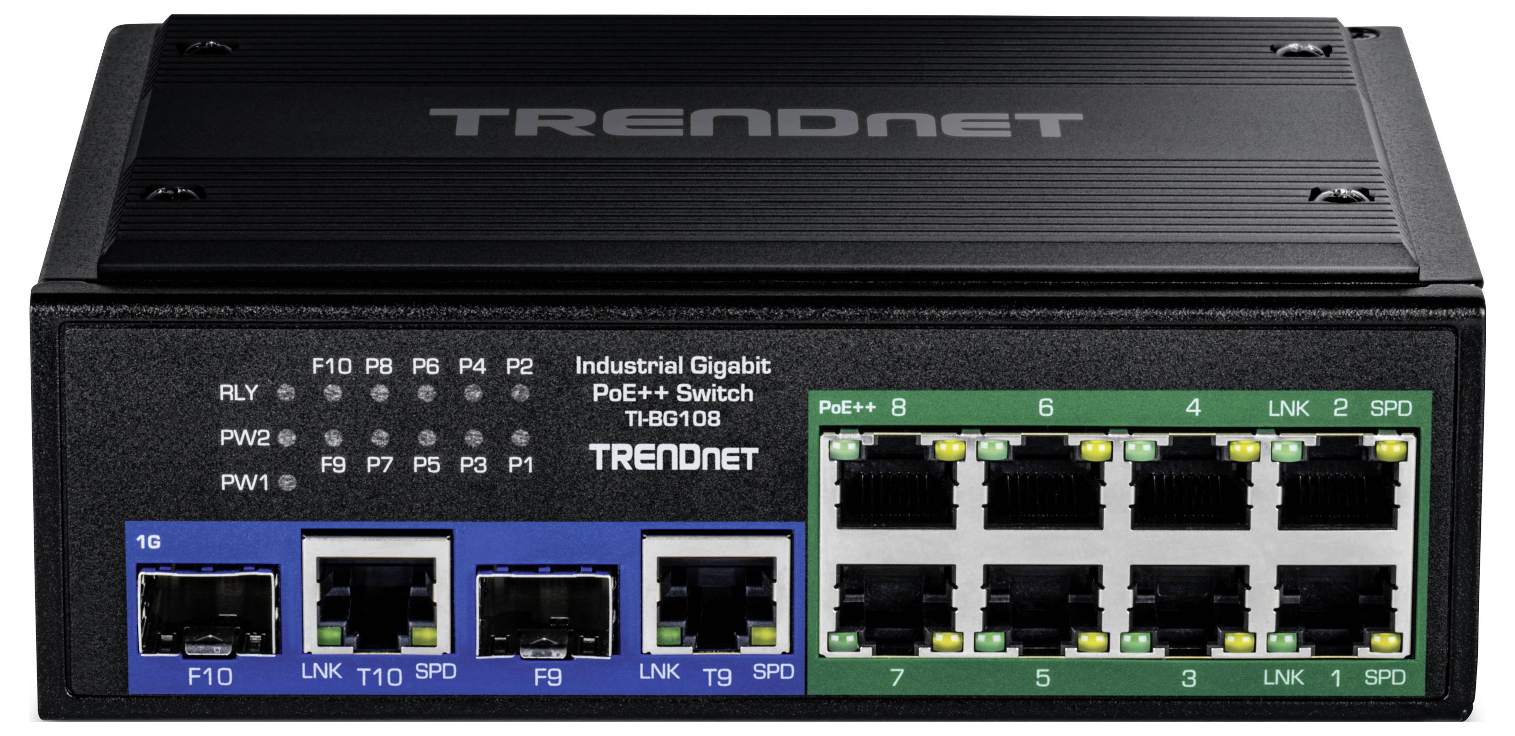 Pogled sprednje strani industrijskega Gigabitnega PoE++ stikala TRENDnet, model TEG1108, ki prikazuje omrežne priključke in indikatorje stanja.