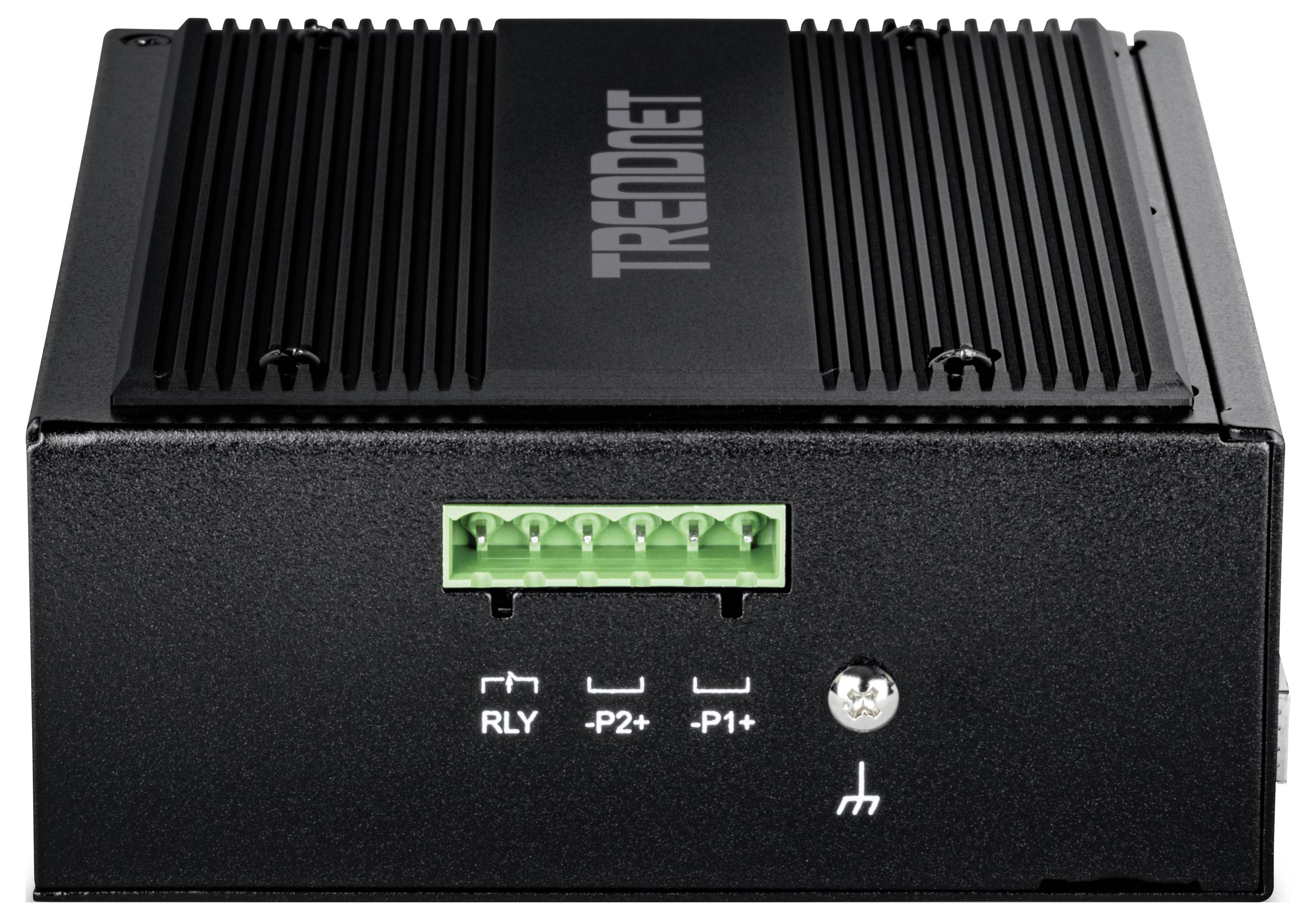 Črn TRENDnet napajanje prek ethernetnega injektor z zelenim priključnim blokom, označenim z 'RLY', '+P2', '-P1', '+P1', pogled od spredaj.