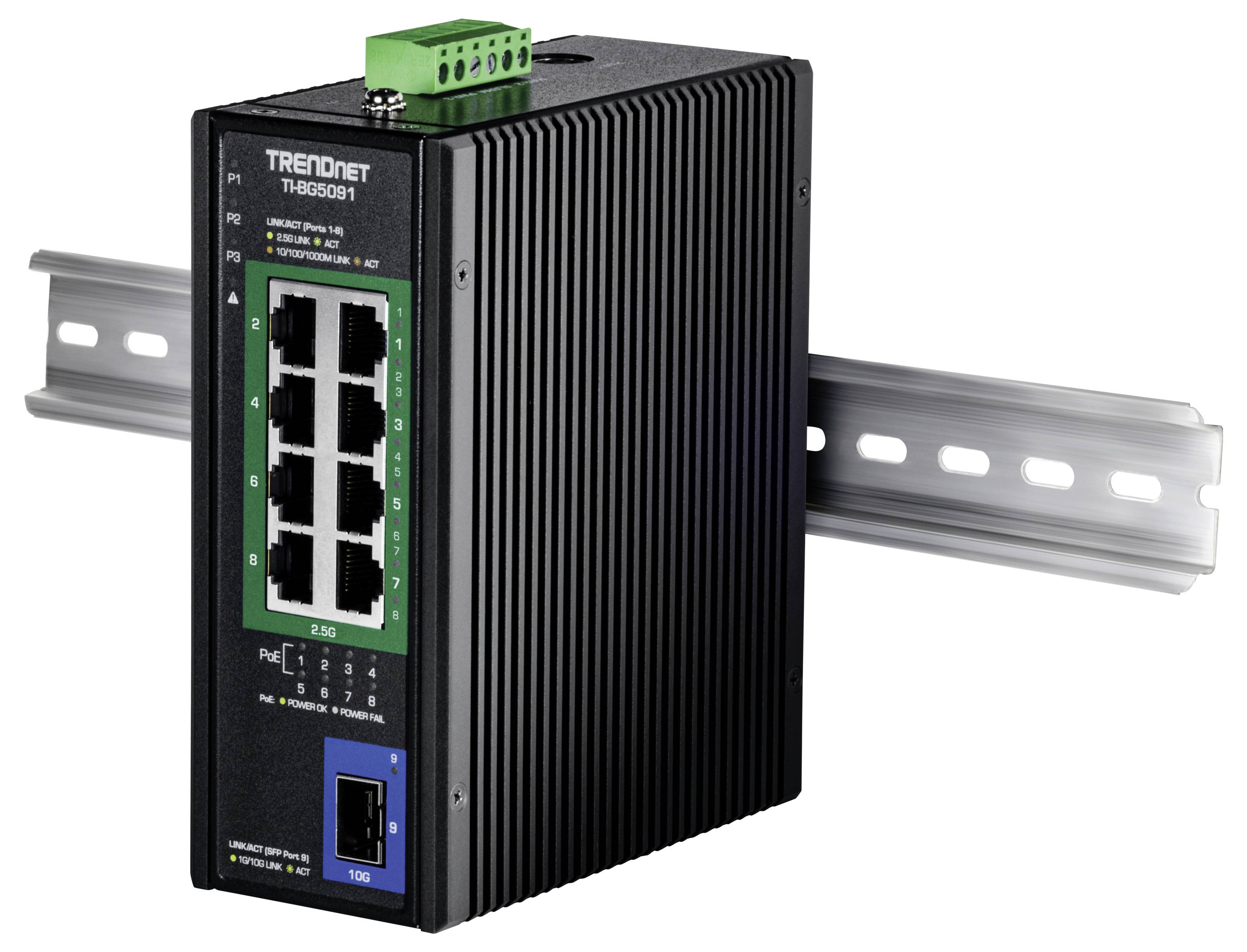 InduStrijski omrežni stikalni element, nameščen na kovinsko vodilo, ki ima na sprednji strani več Ethernetovih priključkov za povezovanje omrežnih naprav.