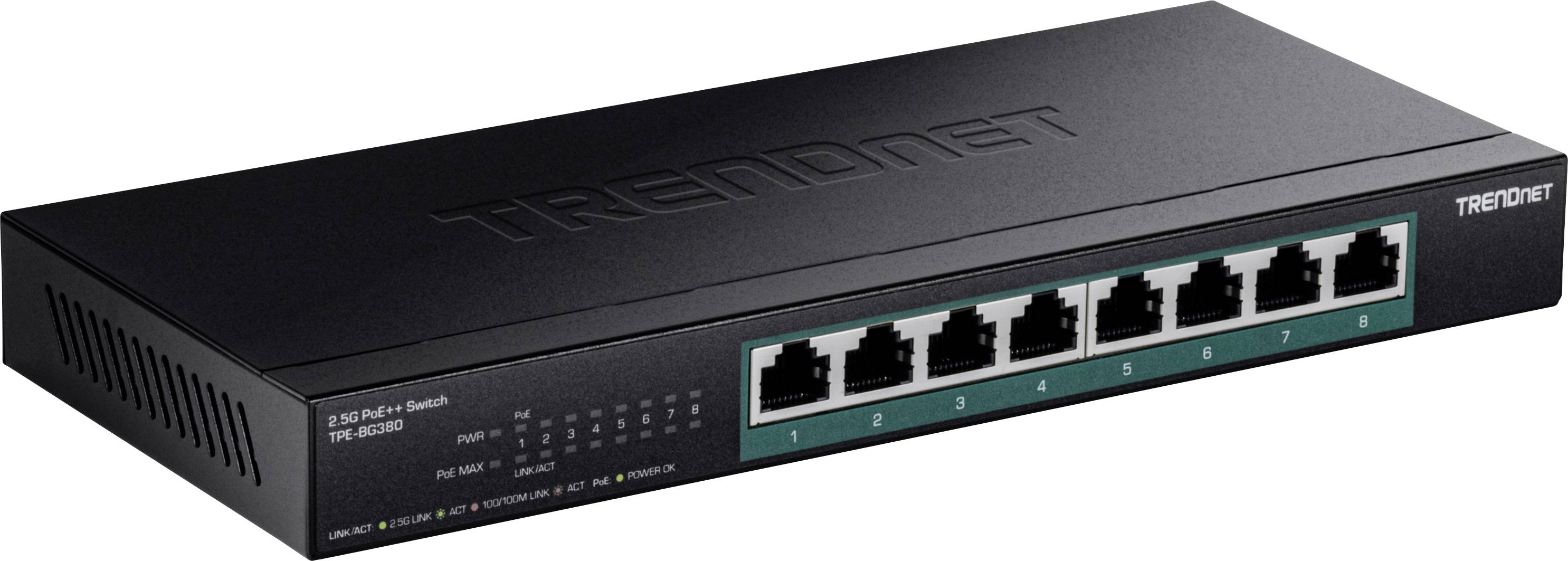 Omrežno stikalo z osmimi ethernet vrati, namenjeno povezovanju več naprav v omrežju, označeno z blagovno znamko.