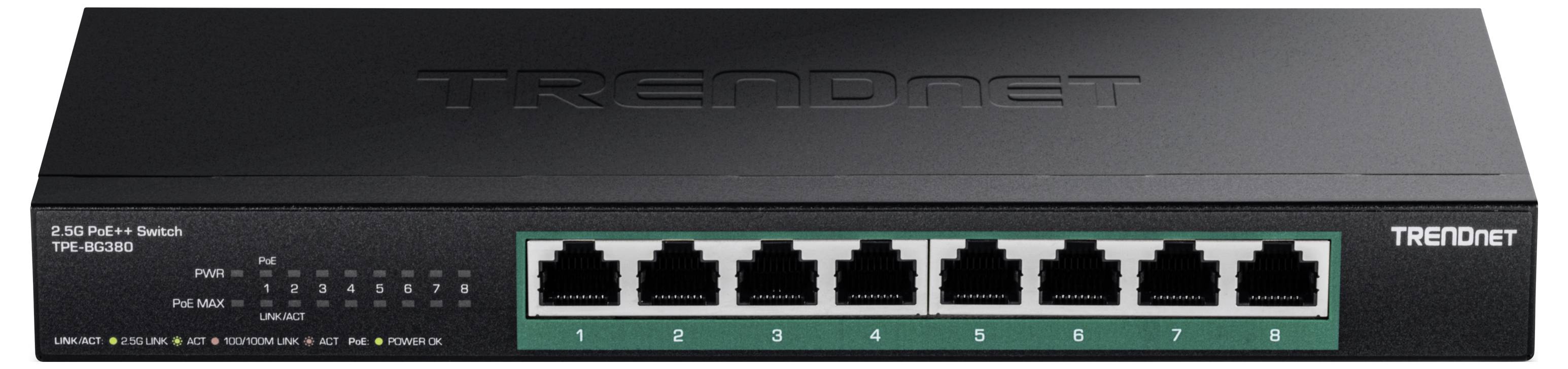 Mrežno stikalo z osmimi Ethernet vrati, označenimi na sprednji plošči. Naziv modela je 'TRENDnet TEG-S380'.