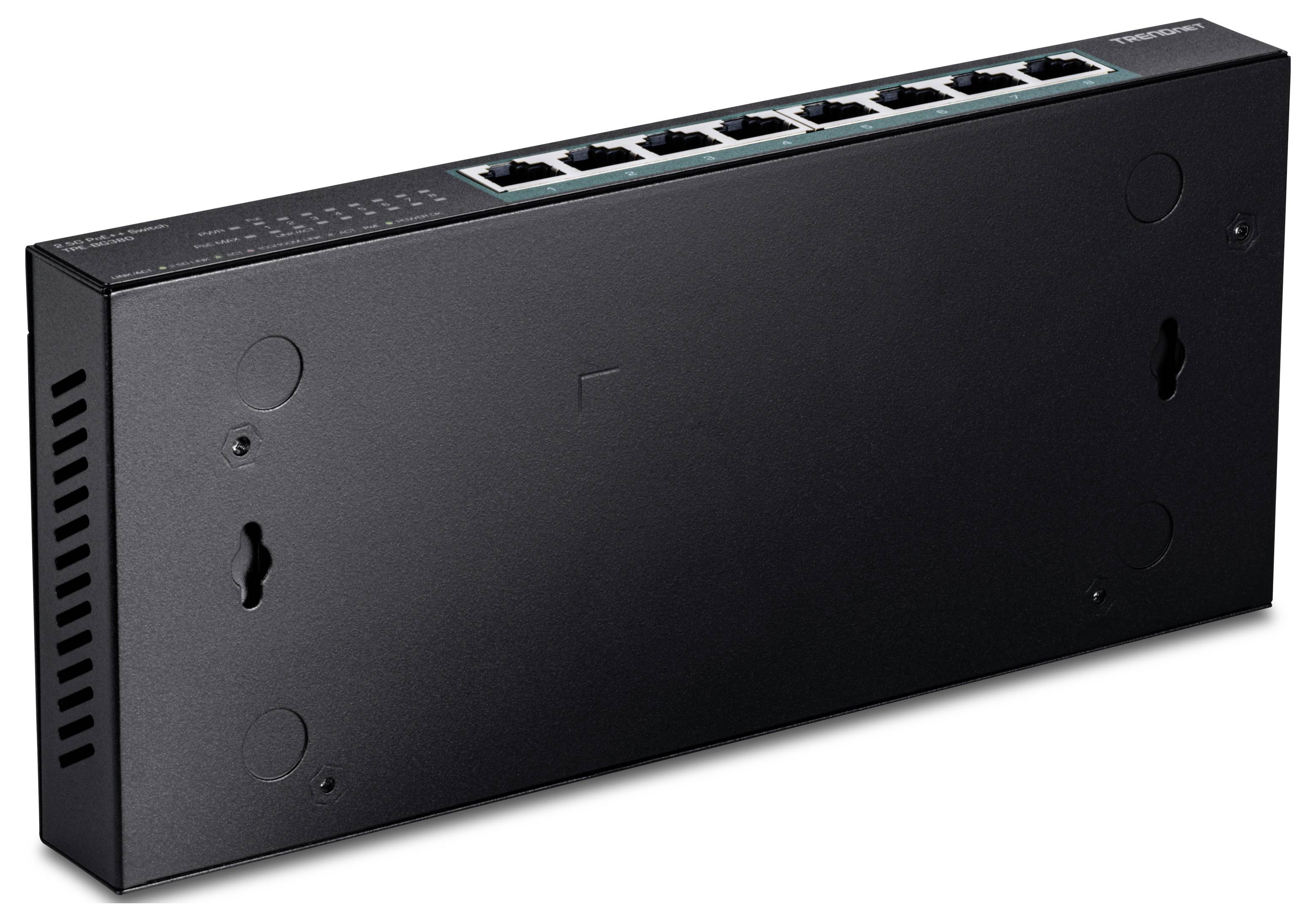 Črn omrežni switch z osmimi Ethernetovimi vrati na zgornji stranici. Zadnja plošča ima reže za montažo na steno in prezračevalne reže.