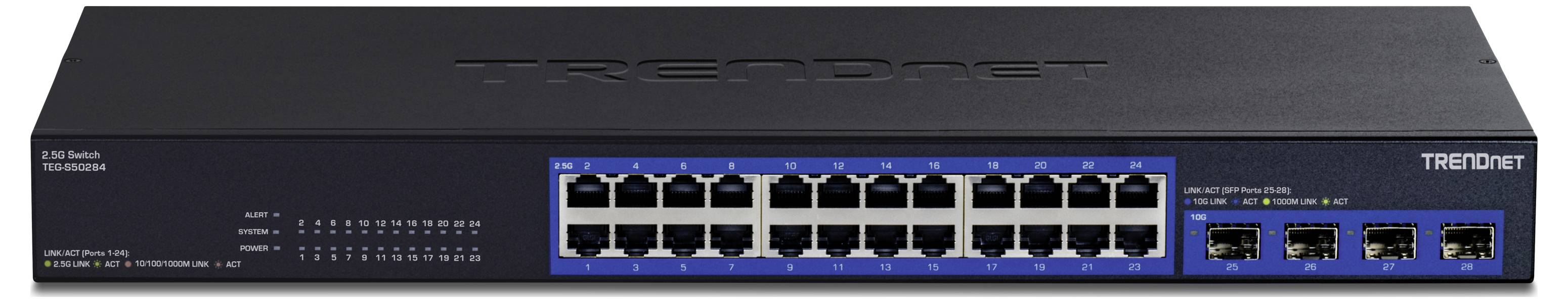 Črn omrežni stikalni element s 24 Ethernet vrati in 4 dodatnimi vrati na desni strani, označen z blagovna znamka 'TRENDnet'.