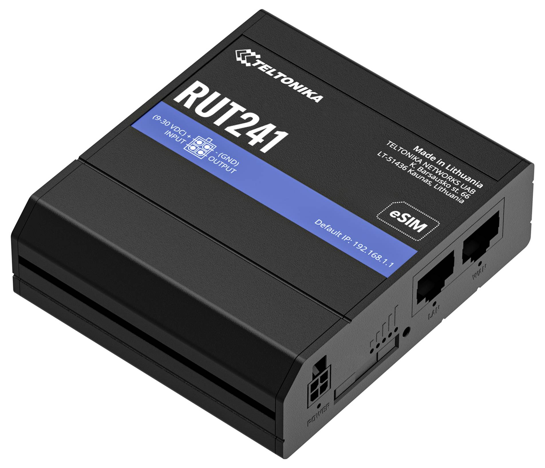 Črni usmerjevalnik Teltonika RUT241 z možnostmi eSIM, z ethernet priključki, indikatorji za napajanje, internet in Wi-Fi na eni strani.