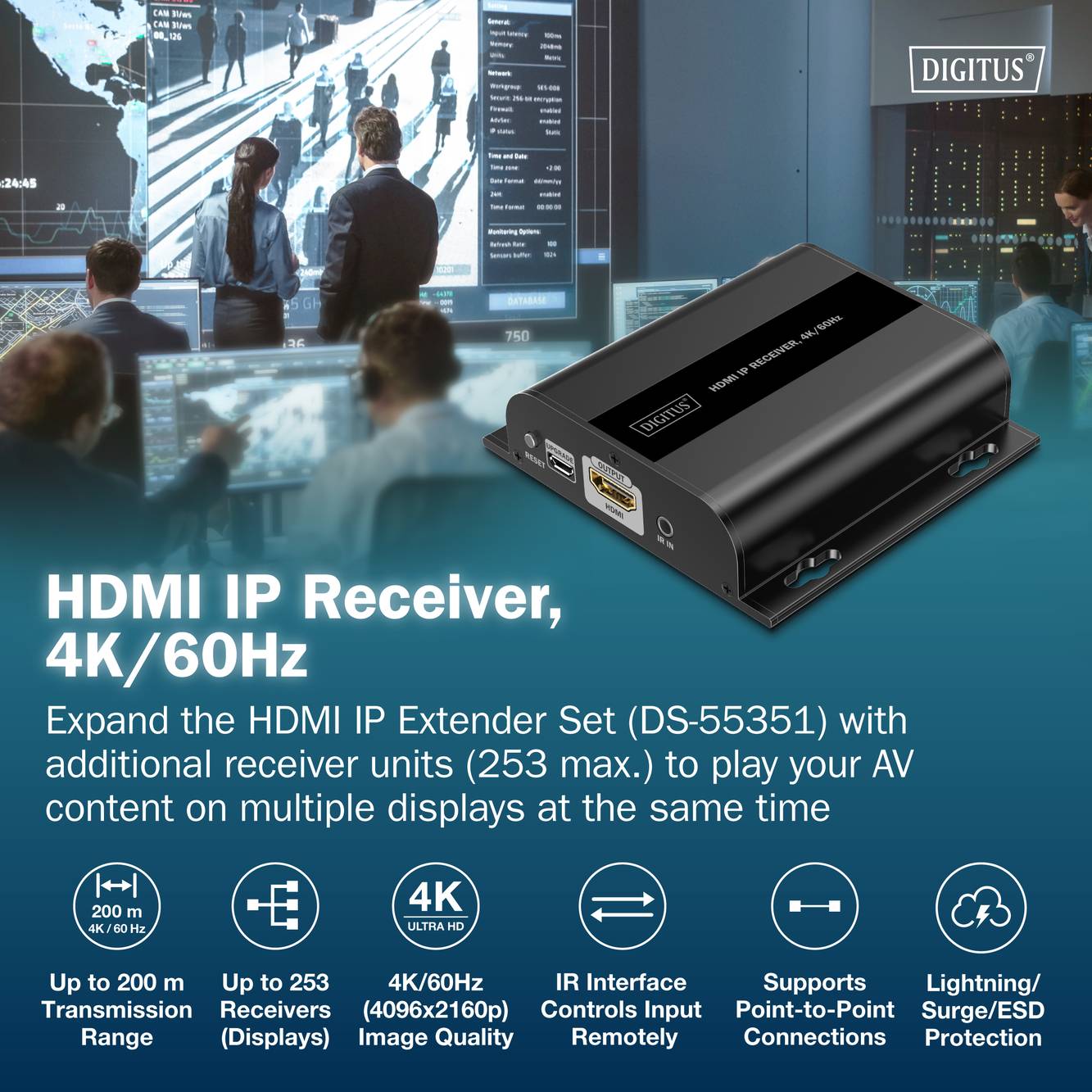 Slika prikazuje komplet HDMI/IP podaljševalnika 'Digitus' s podporo 4K/60Hz, ki je prikazan v uporabi v nadzorni sobi.