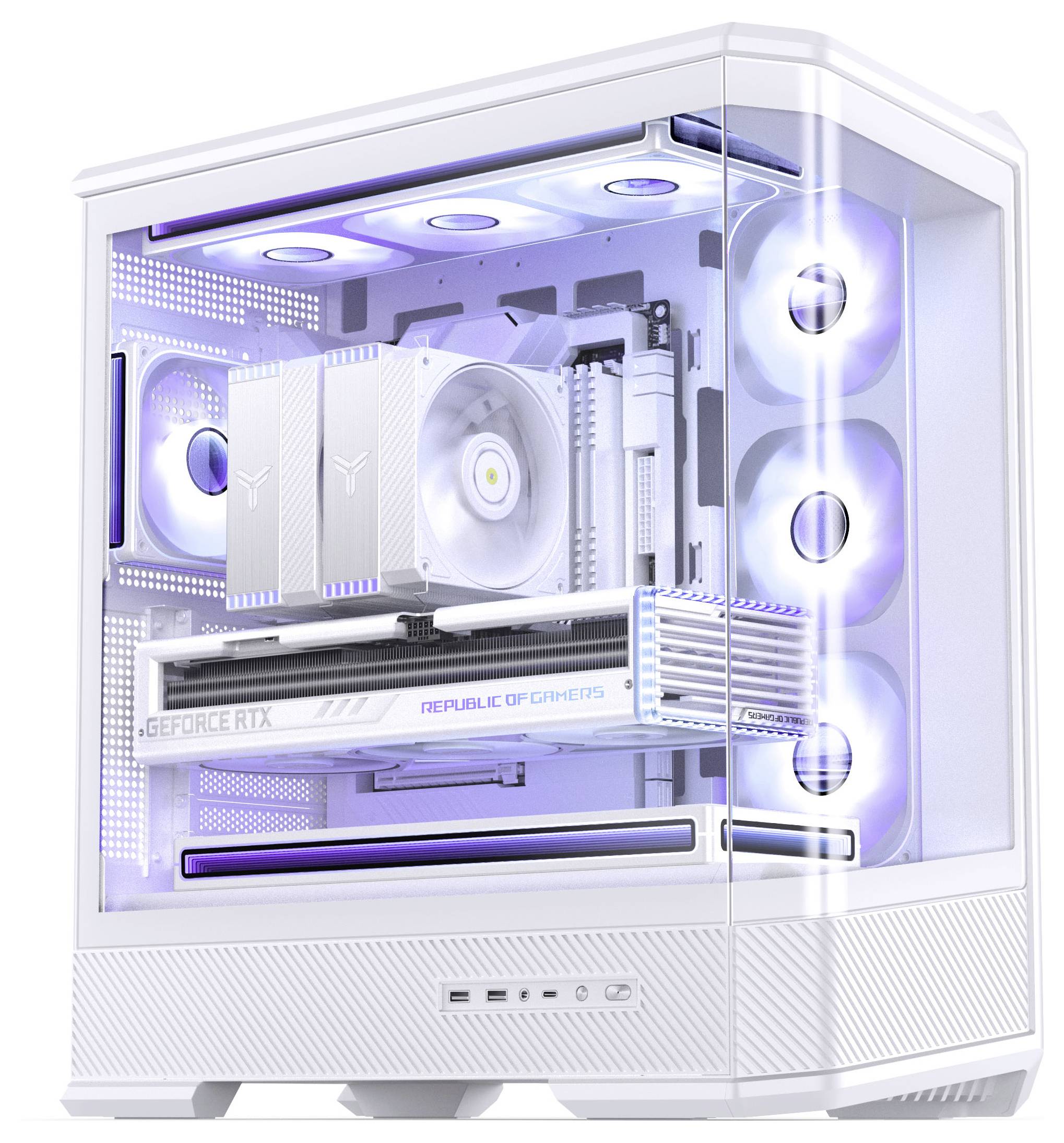 Bel gaming računalnik s prozornimi stranicami, ki razkrivajo notranje komponente, RGB osvetlitev, grafično kartico RTX in več hladilnimi ventilatorji.