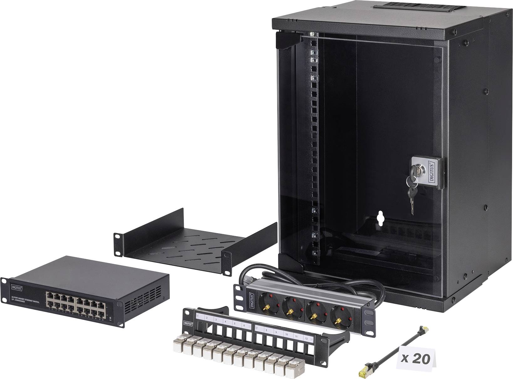 Oprema za omrežje, ki vključuje stensko nameščeno omaro, eternet stikalo, patch panel, razdelilec električnega toka, polico in pritrdilni material.