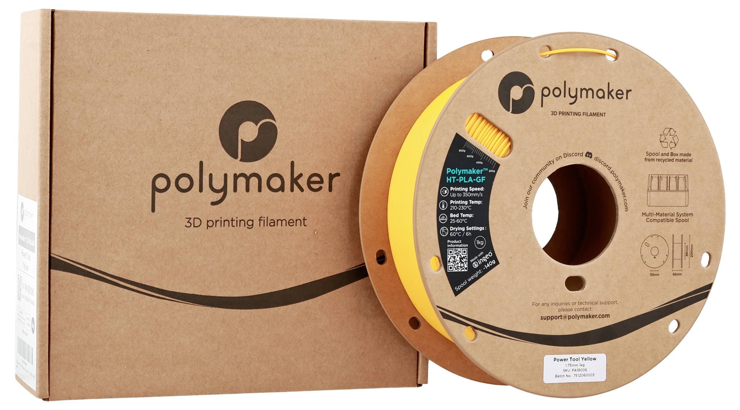 3D tiskalno vlakno Polymaker, v rjavi embalaži in svetlo rumeni tuljavi, označeno z "PolyMaker 3D Printing Filament".