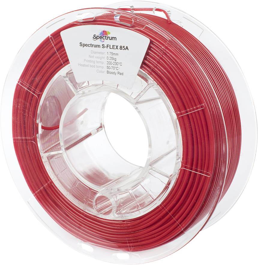 Kolut rdečega 3D tiskalnega filamenta Spectrum S-FLEX 85A, opremljen z oznakami specifikacij, kot so premer, neto teža in nastavitve temperature.