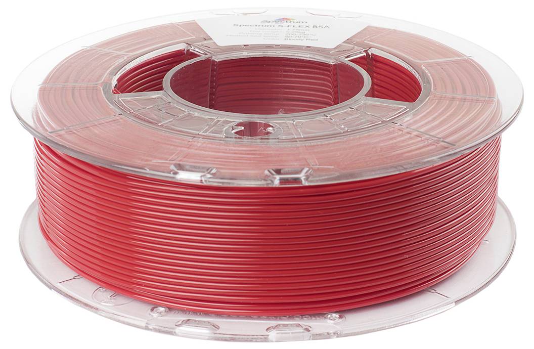 Rdeča koluta 3D tiskalnega filamenta, lepo navita, horizontalno ležeča na beli podlagi.