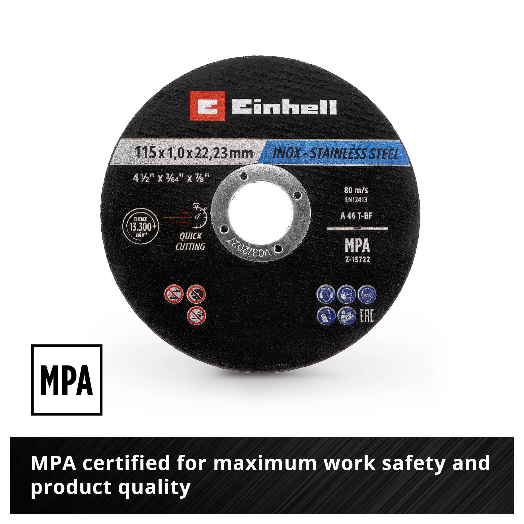 Brušni disk z napisom 'Einhell 115 x 1,0 x 22,23 mm Inox-Nerjavno jeklo'. Opomba o MPA-sertifikaciji spodaj.