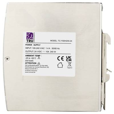 Kovinska enota napajanja z oznako 'TRU Components' z modelom TC-YSDH240-24, vhod 100-240V AC in izhod 24V DC 10A, 240W.