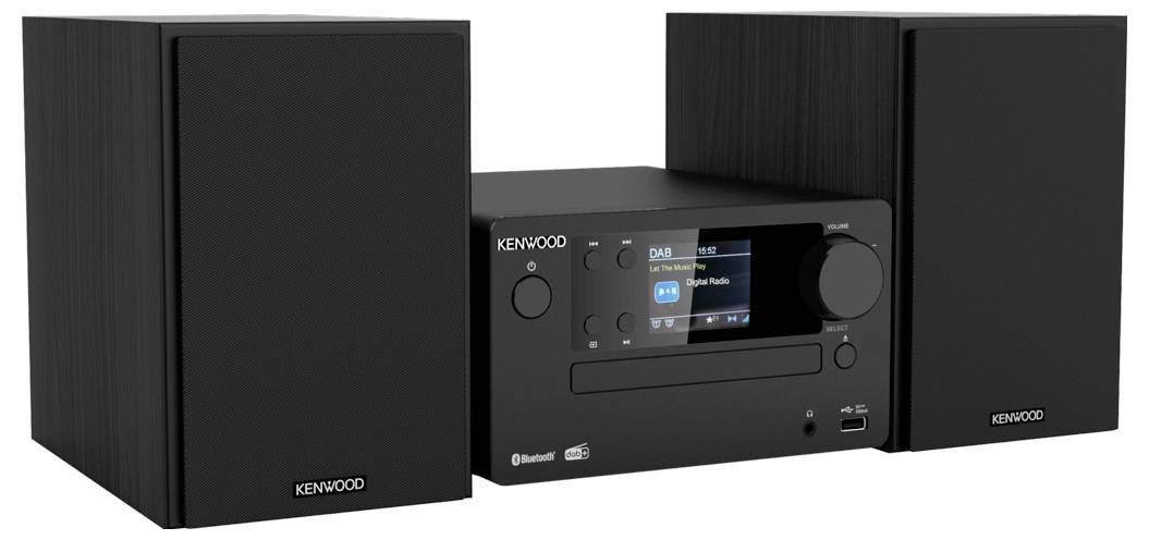 Kompakten stereo sistem s centralno krmilno enoto in dvema zvočnikoma. Na zaslonu sta prikazani oznaki 'DAB' in 'Radio', vidni pa so tudi drugi kontrolni gumbi.