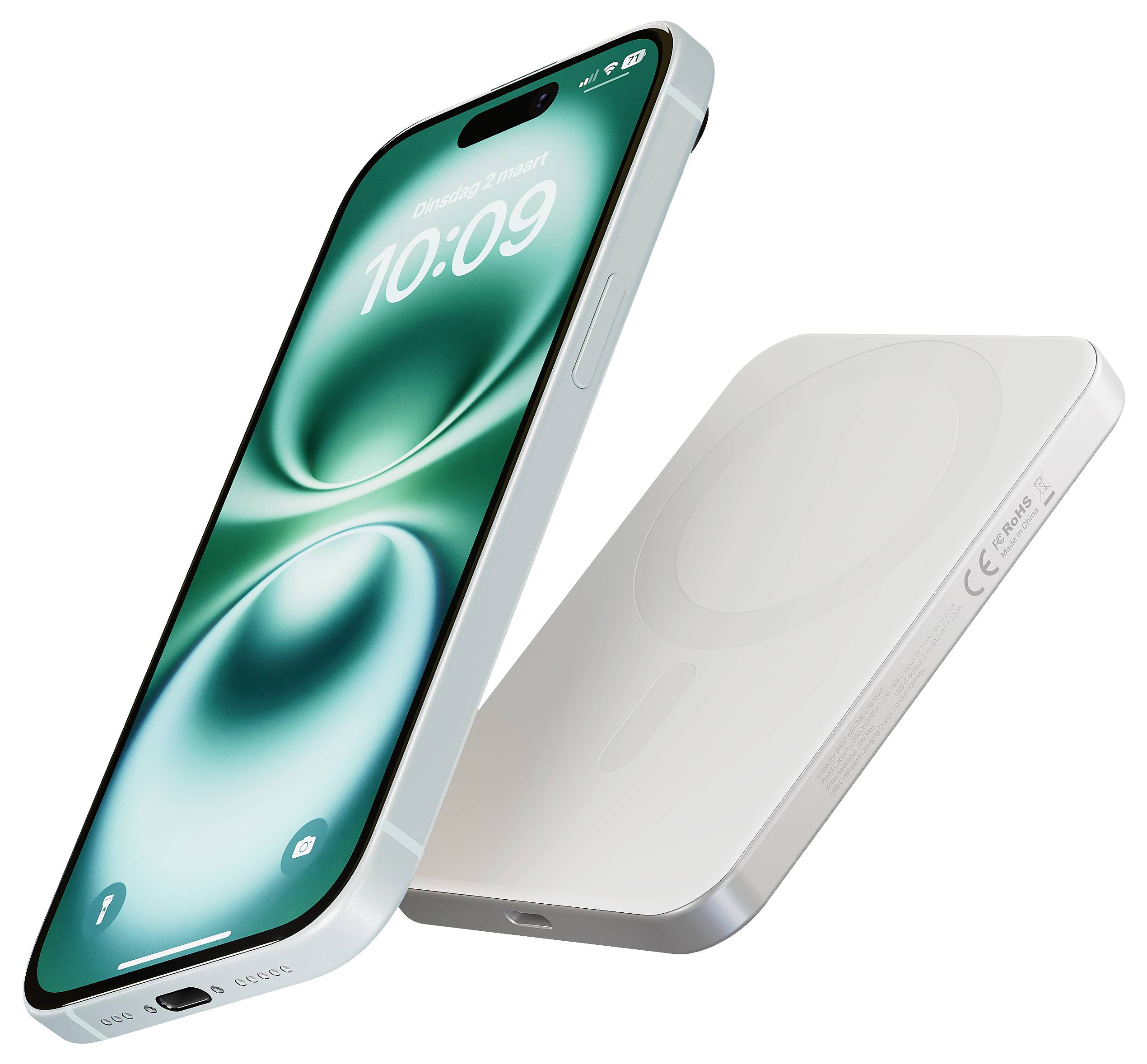 Pametni telefon z zelenim abstractnim ozadjem na zaslonu prikazuje čas '10:09'. Zadnja stran telefona kaže oster, minimalistični dizajn.